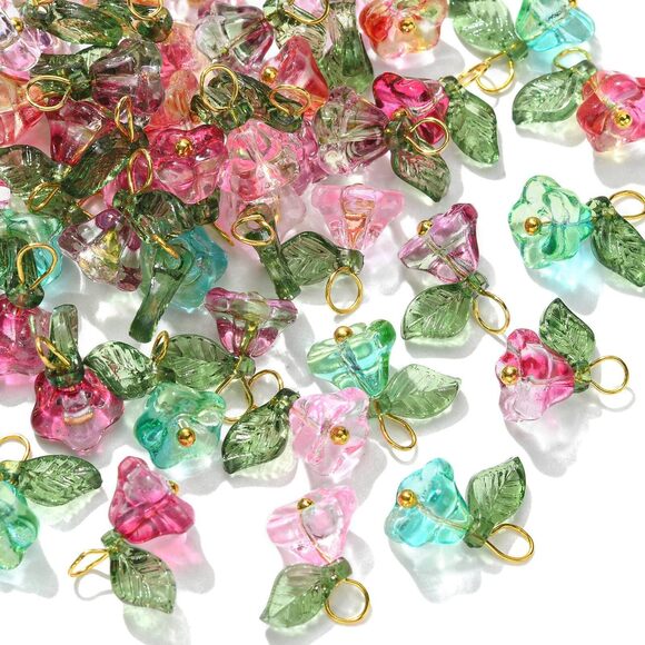 Jewelry - 5398 50pcs 5 Colors Trumpet Flower Glass Charms Floral Leaf Transparent